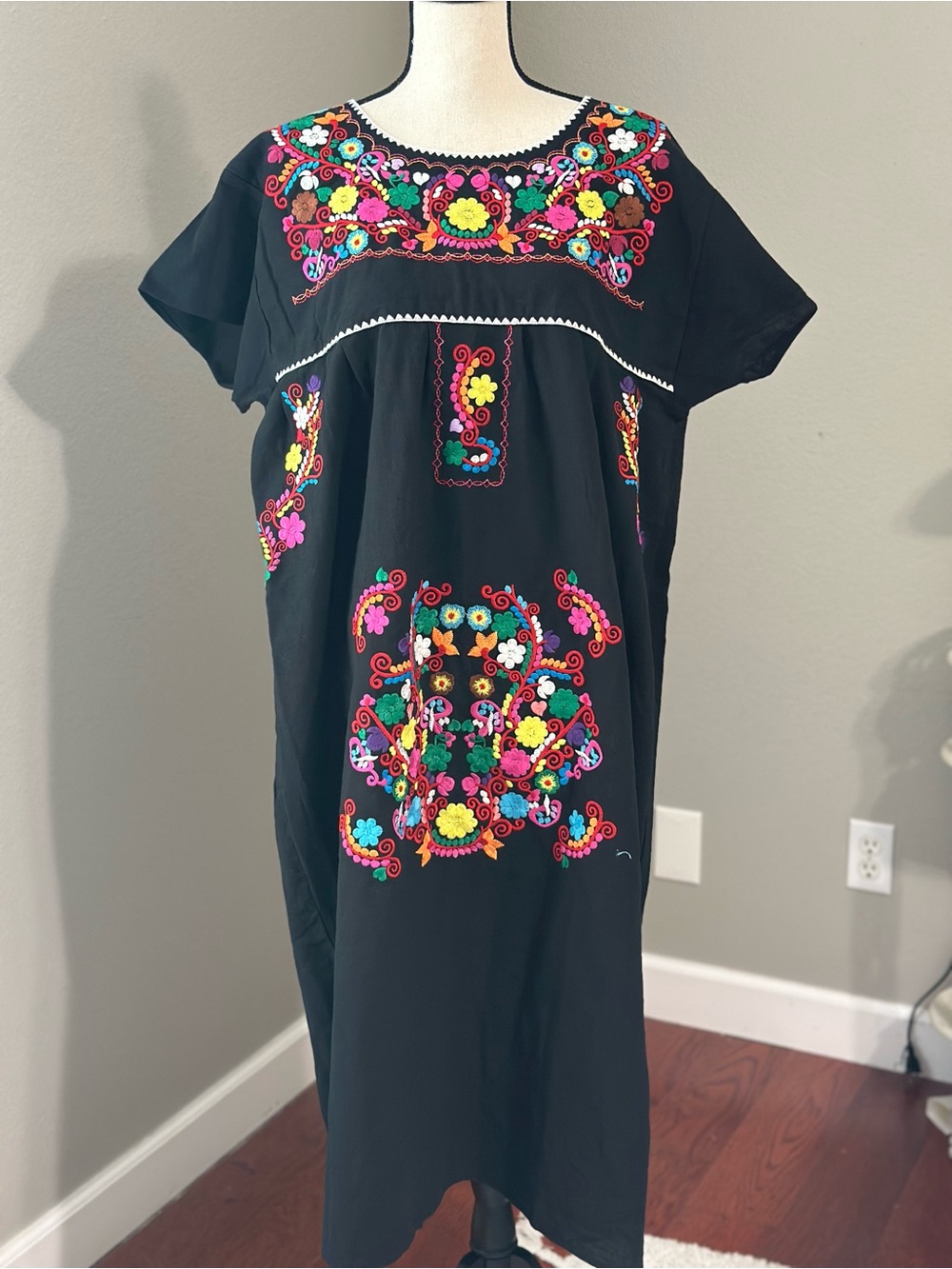 Embroidered Black Mexican-Style Midi Dress with Bright Floral Motif